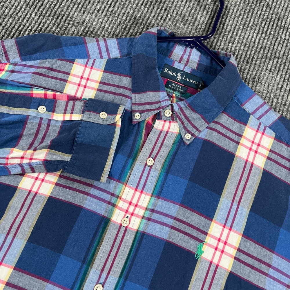 Ralph Lauren Shirt Mens 2XL XXL Blue Plaid Long Sleeve Button Down Blake Fit